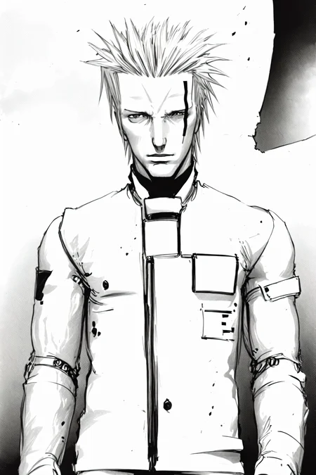 best quality,dhomochevsky, detailed face,full body <lora:blamev2:1>, <lora:mangaGeneralStyleLora_v10Mature:0.5>,monochrome,