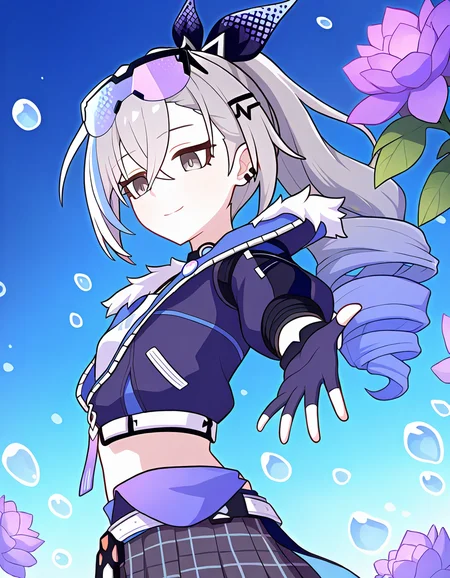 <lora:pcr-000008:1>,1girl,silver wolf \(honkai: star rail\),(looking down:1.2),(close-up:0.8),upper body,smile,from side,looking away,reaching,reaching towards viewer,grey hair,long hair,hair between eyes,eyewear on head,small breasts,crossed bangs,jacket,shirt,gloves,skirt,purple collashirt,pleated skirt,school uniform,long sleeves,bow,breasts,purple vest,blue belt,belt,plaid skirt,plaid clothes,blue theme,water drop,flower,purple flower,leaf,, masterpiece, best quality, very aesthetic, absurdres,newest, incredibly absurdres,