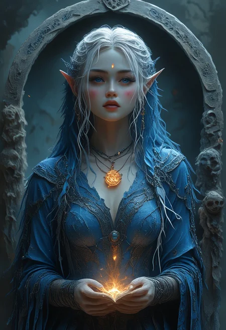 1girl, solo, shamaness, long silver hair, pale skin, blue eyes, middle perky breasts, wearing a cloak of feathers and bones, standing in a circle of stones, (focus on her expression: mysterious, commanding), (background: a moonlit clearing, glowing runes, a faint scent of herbs), (atmosphere: mystical, with a heavy sense of ancient power)
high contrast, stylized, clear, ultra quality , 8k, best quality, masterpiece, midjourneyv6.1, , paper cuttings art, hkmagic, PaperCutout style