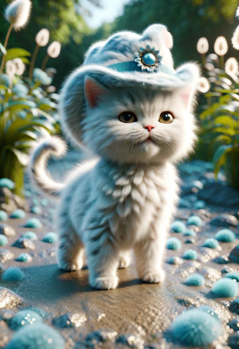 ral-fluff,<lora:ral-fluff:1>,
chibi,masterpiece,best quality,original,official art, silver metallic kitten,hat,flower,blurry background,rendering,beautiful detailed glow,(detailed ice),beautiful detailed water,sunny, blurred flower, happy,grin, ral-fluff