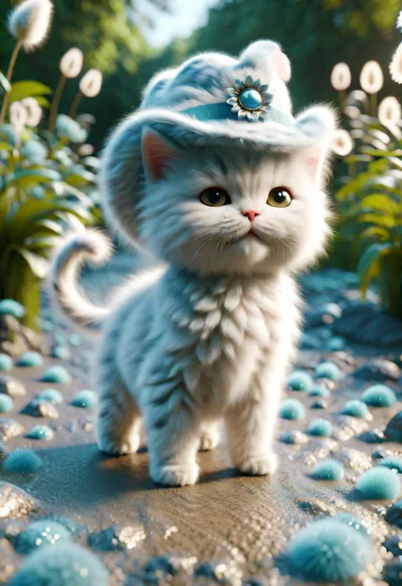 ral-fluff,<lora:ral-fluff:1>,
chibi,masterpiece,best quality,original,official art, silver metallic kitten,hat,flower,blurry background,rendering,beautiful detailed glow,(detailed ice),beautiful detailed water,sunny, blurred flower, happy,grin, ral-fluff