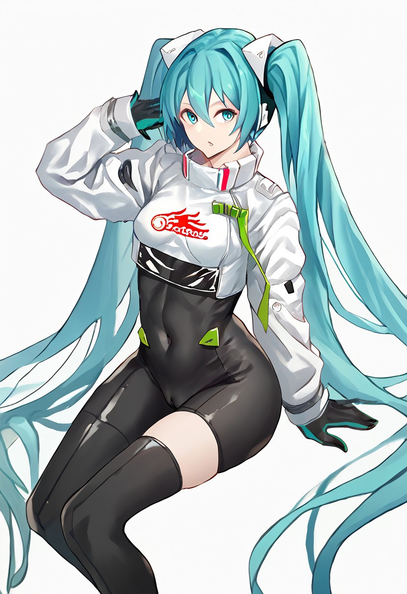 score_9, score_8_up, score_7_up, score_6_up, score_5_up, score_4_up, source_anime, 1girl, 
miku22, hatsune miku, aqua eyes, aqua hair, black bodysuit, breasts, covered navel, long hair, race queen, skin tight, solo, thighhighs, twintails, very long hair, zipper, cameltoe, 
1girl, absurdly long hair, arm up, asymmetrical legwear, black bodysuit, black footwear, blue eyes, blue hair, bodysuit, boots, covered navel, green ribbon, hair between eyes, long hair, looking at viewer, parted lips, ribbon, simple background, sitting, solo, thigh boots, thighhighs, thighs, twintails, very long hair, white background, 
masterpiece, best quality, very aesthetic, absurdres,