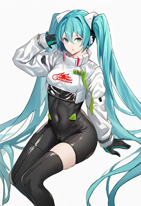 score_9, score_8_up, score_7_up, score_6_up, score_5_up, score_4_up, source_anime, 1girl,
miku22, hatsune miku, aqua eyes, aqua hair, black bodysuit, breasts, covered navel, long hair, race queen, skin tight, solo, thighhighs, twintails, very long hair, zipper, cameltoe,
1girl, absurdly long hair, arm up, asymmetrical legwear, black bodysuit, black footwear, blue eyes, blue hair, bodysuit, boots, covered navel, green ribbon, hair between eyes, long hair, looking at viewer, parted lips, ribbon, simple background, sitting, solo, thigh boots, thighhighs, thighs, twintails, very long hair, white background,
masterpiece, best quality, very aesthetic, absurdres,