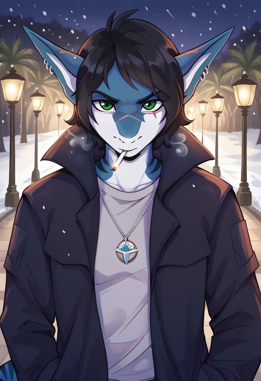 <lora:Scappo_Style_v2_PonyXL:0.8> by scappo, scappo,  score_9, score_8_up, score_7_up,1boy, lunarsunxl,  anthro shark,dark blue skin, stripes on the body, short hair,lush hair,black hair, green eyes, shark tail, scar on the fin, ear piercing, BREAK, looks at the viewer, confused, stretches out hand to viewer, open palm, shell pendant in palm, cigarette in his mouth, lights a cigarette with a lighter, purple T-shirt, long black coat, background, park in winter, night, it's snowing
