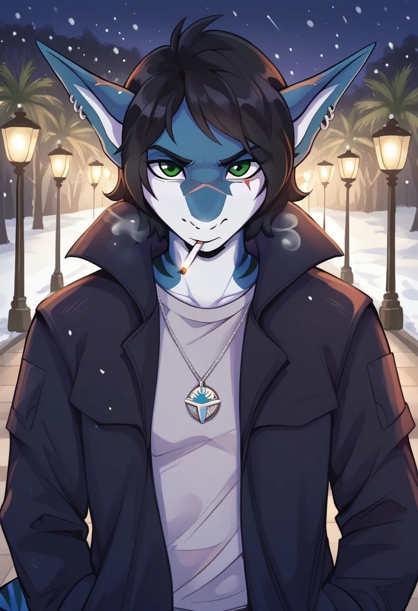 <lora:Scappo_Style_v2_PonyXL:0.8> by scappo, scappo, score_9, score_8_up, score_7_up,1boy, lunarsunxl, anthro shark,dark blue skin, stripes on the body, short hair,lush hair,black hair, green eyes, shark tail, scar on the fin, ear piercing, BREAK, looks at the viewer, confused, stretches out hand to viewer, open palm, shell pendant in palm, cigarette in his mouth, lights a cigarette with a lighter, purple T-shirt, long black coat, background, park in winter, night, it's snowing