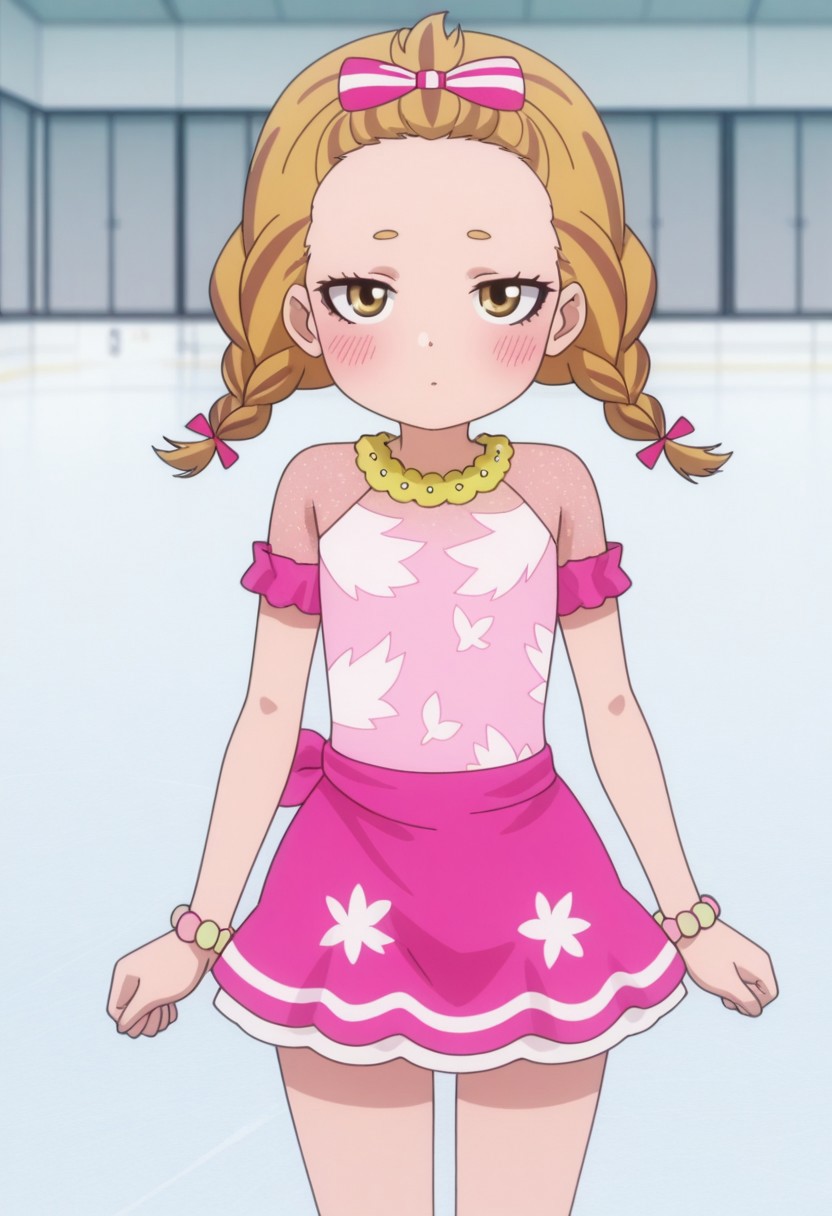 Masterpiece , best quality , amazing quality , anime screencap   ,a girl , kkana    , looking at viewer  , pink dress  ,twin braids  , cowboy shot  , ice skater  , blonde