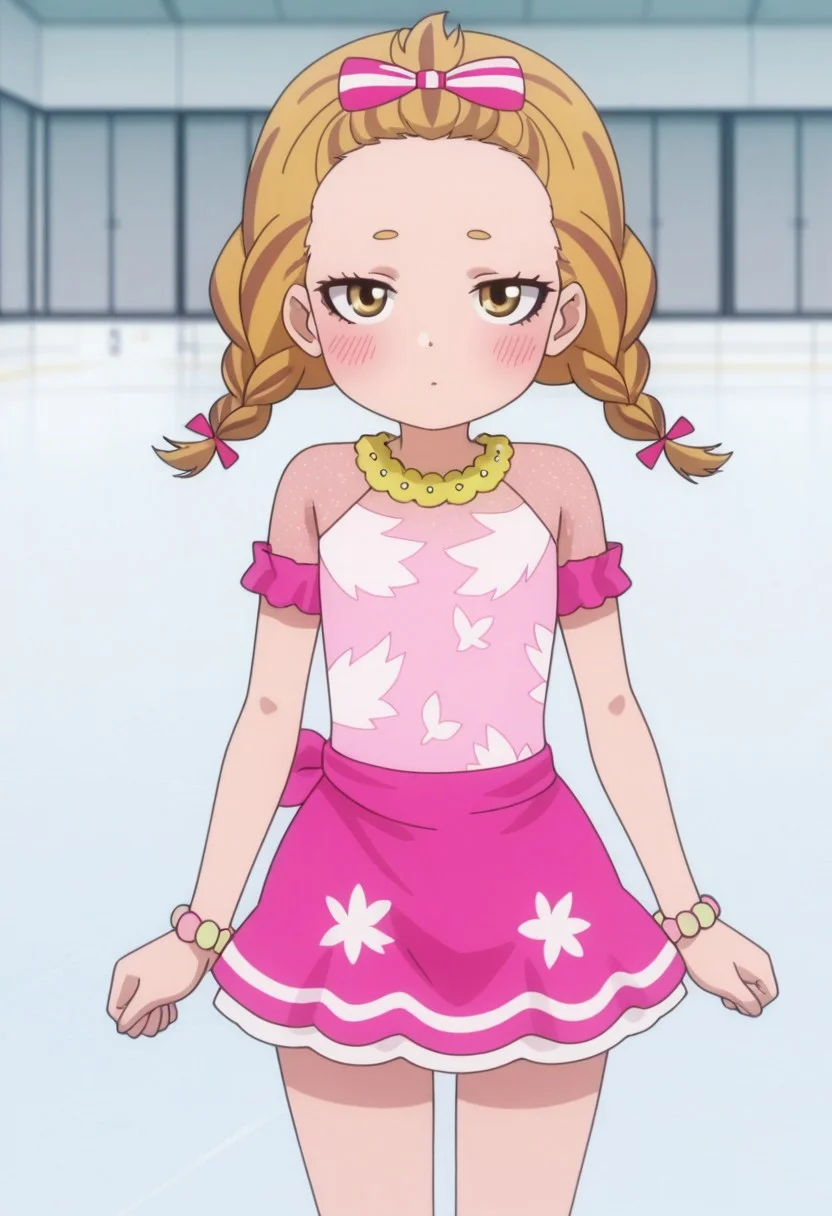 Masterpiece , best quality , amazing quality , anime screencap ,a girl , kkana , looking at viewer , pink dress ,twin braids , cowboy shot , ice skater , blonde