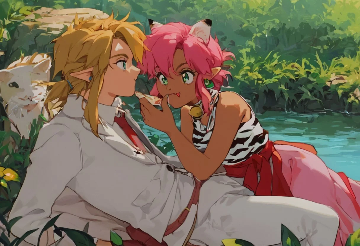 score_9, score_8_up, score_7_up, score_6_up, Masterpiece, source_anime screenshot, duo, 1 girl, 1 boy, vivid colors, retro anime style, anime style, high-res, beautiful aesthetic, very intricate, high-quality details, vibrant, highly detailed, award-winning, professional, <lora:pink-ponyxl-v2:1>, cute cat smile, singke fang showing, sleeveless dress, white tiger print dress, pelvic curtain, cleavage, white cat ears, cat bell necklace, bright pink hair, tanned, white tiger tail, red sash, small breasts, leather shoes, detailed eyes, green eyes, detailed face, BREAK score_9, score_8_up, score_7_up, score_6_up, Masterpiece, source_anime, anime style, 1 girl, 1 boy, vivid colors, retro anime style, high-res, beautiful aesthetic, very intricate, high-quality details, vibrant, highly detailed, award-winning, professional, <lora:link:0.8> link1, link, pointy ears, blonde hair, blue eyes, medium hair, side locks, earrings, short ponytail, blue hylian tunic
Break
In a lush green forest clearing, near a lake, pink and link sit down on their knees on a picnic blanket, cuddling with each other, having a picnic together happily, eating various foods and sweets, feeding each other by hand, side view, close up