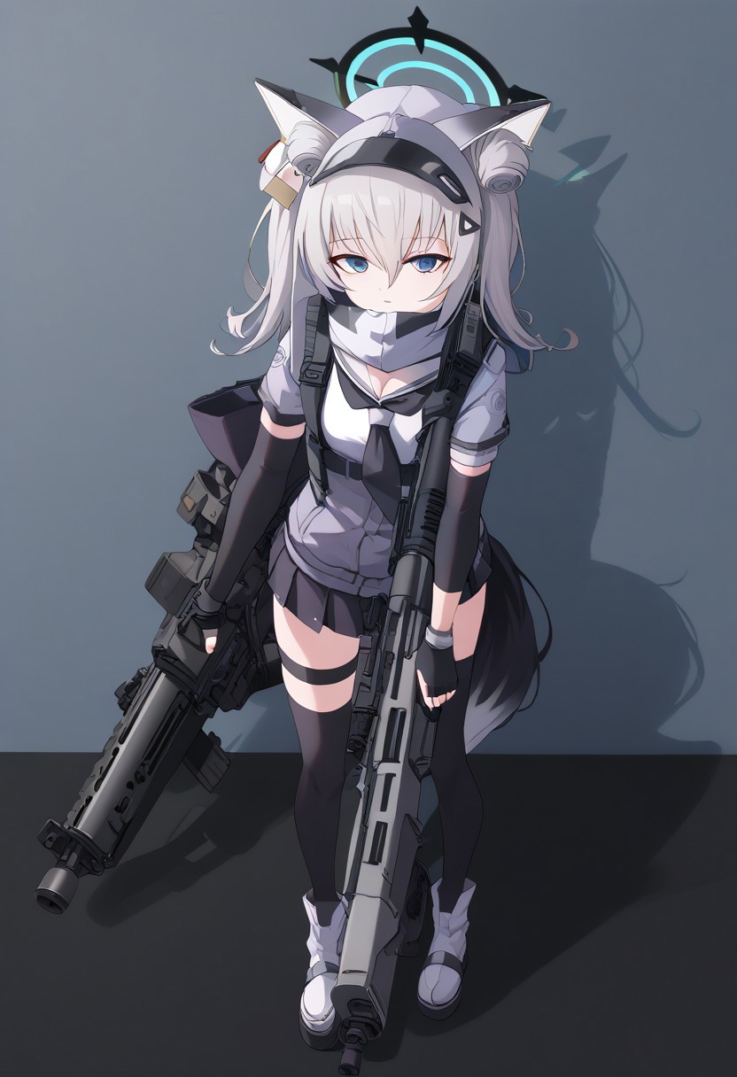 score_9, score_8_up, score_7_up,  n102nikke, blue eyes, grey hair, long hair, fake animal ears, unitard, headgear, armor, thighhighs, thigh boots, elbow gloves, cleavage cutout,,
izuna \(blue archive\), halo, fox ears, fox tail, japanese clothes, floral print, sailor collar, skirt, scarf, partially fingerless gloves, black gloves, thigh strap, fishnets, single thighhigh
((((((Holding rifle)))))) Holding a assault rifle((predtank As background)))