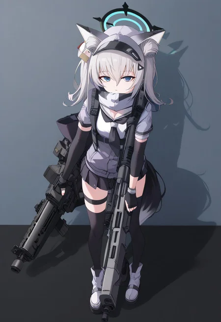 score_9, score_8_up, score_7_up, n102nikke, blue eyes, grey hair, long hair, fake animal ears, unitard, headgear, armor, thighhighs, thigh boots, elbow gloves, cleavage cutout,,
izuna \(blue archive\), halo, fox ears, fox tail, japanese clothes, floral print, sailor collar, skirt, scarf, partially fingerless gloves, black gloves, thigh strap, fishnets, single thighhigh
((((((Holding rifle)))))) Holding a assault rifle((predtank As background)))
