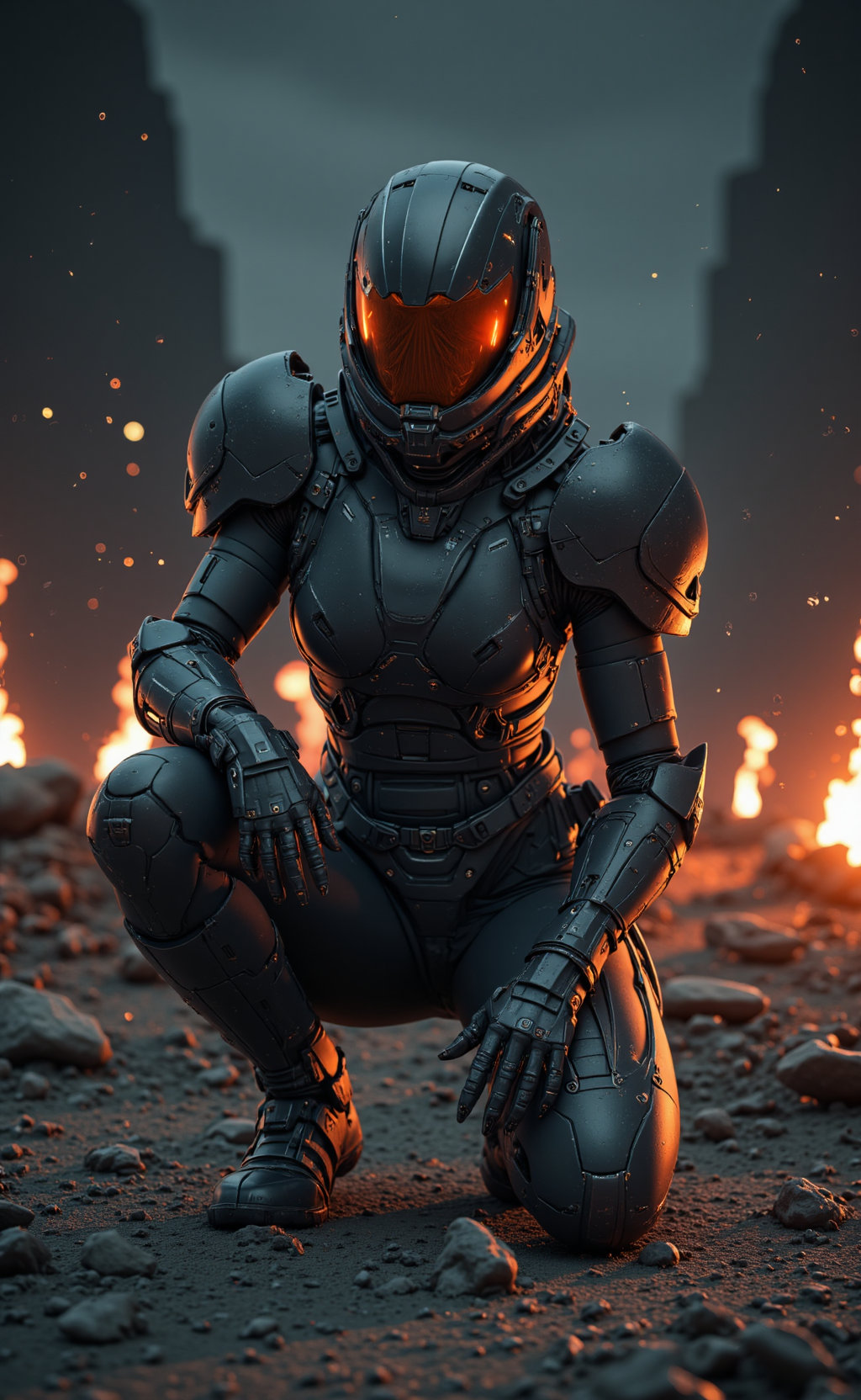 On a war-torn battlefield at night, lit by tracer fire and blasts, a fierce woman kneels behind cover. Her armor is jet black with sharp, angular shoulder plating accented in burnt orange. Her chest plate is sculpted titanium, brushed and reflective. Leg plating shows carbon fiber weave with lacquered finish, lightly battle-scarred. Her underlayer is deep slate compression suit. Warzone realism, cinematic chaos, armor in action, photoreal textures.


















mg-mk.1, FMECHLAS-MK.1 