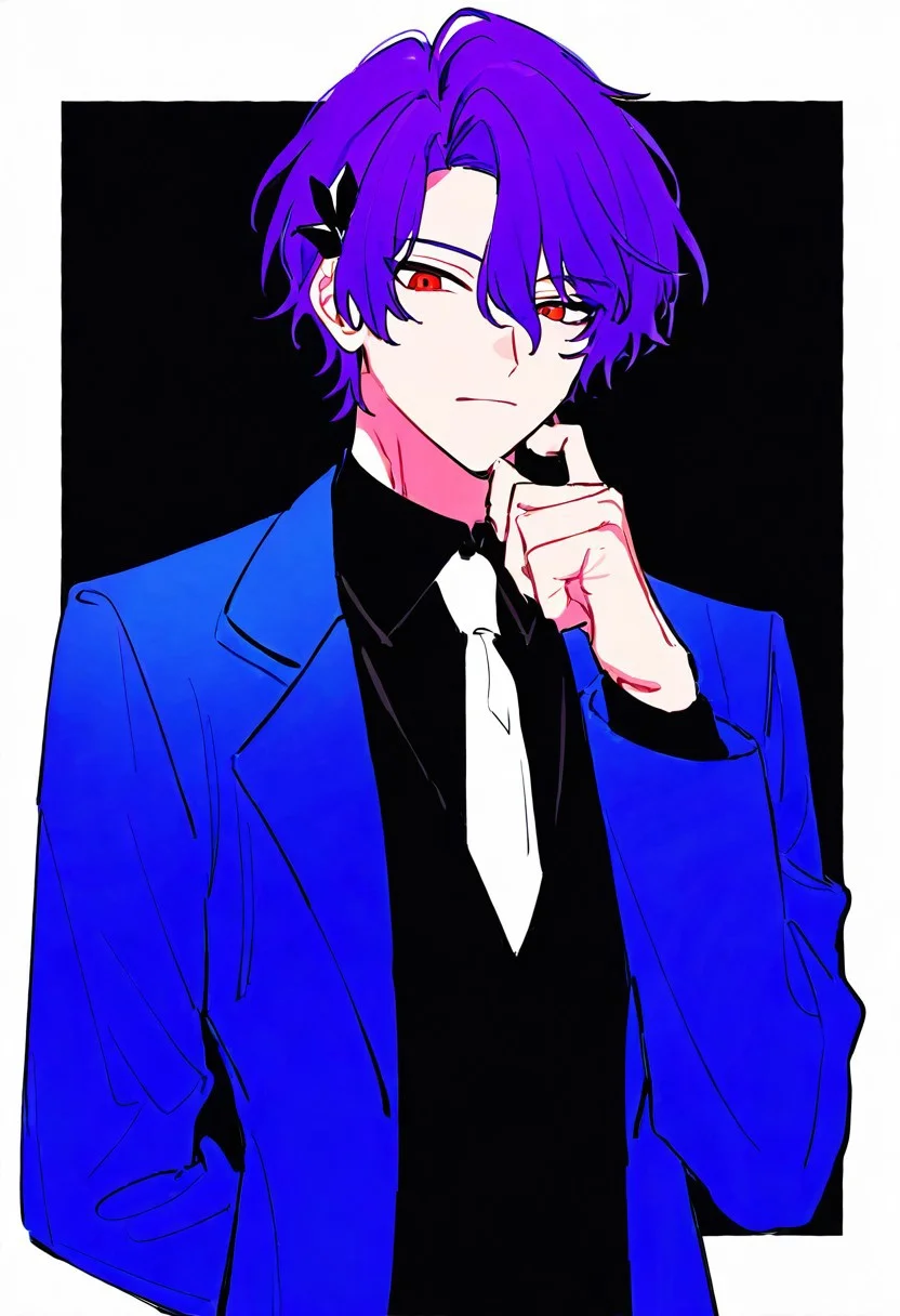 solo, male focus, dr. ratio, masterpiece, best quality, very aesthetic, absurdres, 1boy, arm behind back, black shirt, black vest, blue jacket, closed mouth, collared shirt, hair between eyes, hair ornament, hand up, looking at viewer, male focus, necktie, official alternate costume, open clothes, open jacket, parted bangs, purple hair, red eyes, shirt, short hair, sidelocks, solo, upper body, vest, white necktie