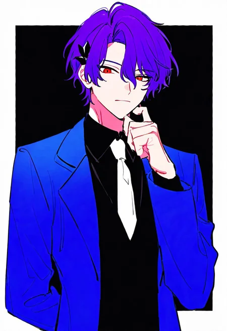solo, male focus, dr. ratio, masterpiece, best quality, very aesthetic, absurdres, 1boy, arm behind back, black shirt, black vest, blue jacket, closed mouth, collared shirt, hair between eyes, hair ornament, hand up, looking at viewer, male focus, necktie, official alternate costume, open clothes, open jacket, parted bangs, purple hair, red eyes, shirt, short hair, sidelocks, solo, upper body, vest, white necktie