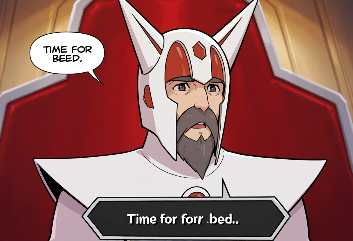 1boy, solo,
heika, facial hair, beard, horned helmet, black eyes, mustache, throne,  upper body,  open mouth,
("time for bed":1.2),speech bubble, talking, 
masterpiece,best quality,amazing quality,very aesthetic,absurdres,newest,
<lora:StS-Illustrious-Detail-Slider-v1.0:1.5>,<lora:reduce_wrinkles_illstriouosv0.1_ADDifT_2_in_1_v1.2:0.8>, <lora:99coins_heika_IL_05:1>
