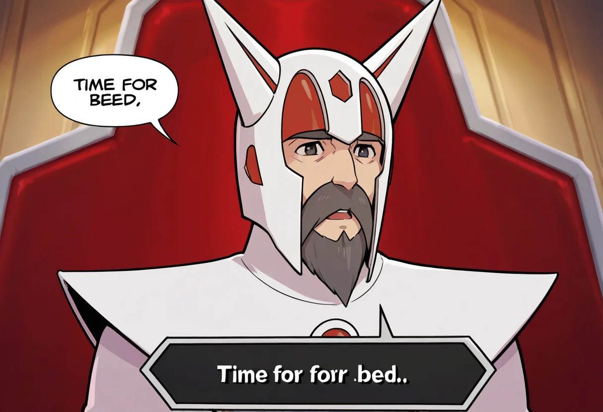 1boy, solo,
heika, facial hair, beard, horned helmet, black eyes, mustache, throne,  upper body,  open mouth,
("time for bed":1.2),speech bubble, talking, 
masterpiece,best quality,amazing quality,very aesthetic,absurdres,newest,
<lora:StS-Illustrious-Detail-Slider-v1.0:1.5>,<lora:reduce_wrinkles_illstriouosv0.1_ADDifT_2_in_1_v1.2:0.8>, <lora:99coins_heika_IL_05:1>