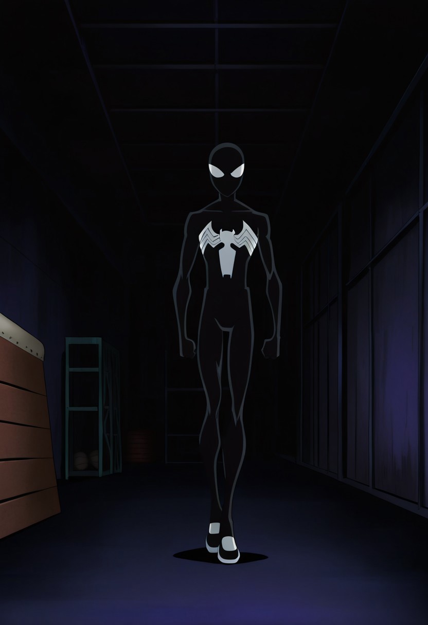 anime screencap, anime coloring, masterpiece, best quality, amazing quality, absurdres, wide shot, full body shot, male focus, 1boy, solo, black bodysuit, mask, superhero, skinny, white eyes,
indoors, industrial, gym_storeroom, dark_theme,fca style