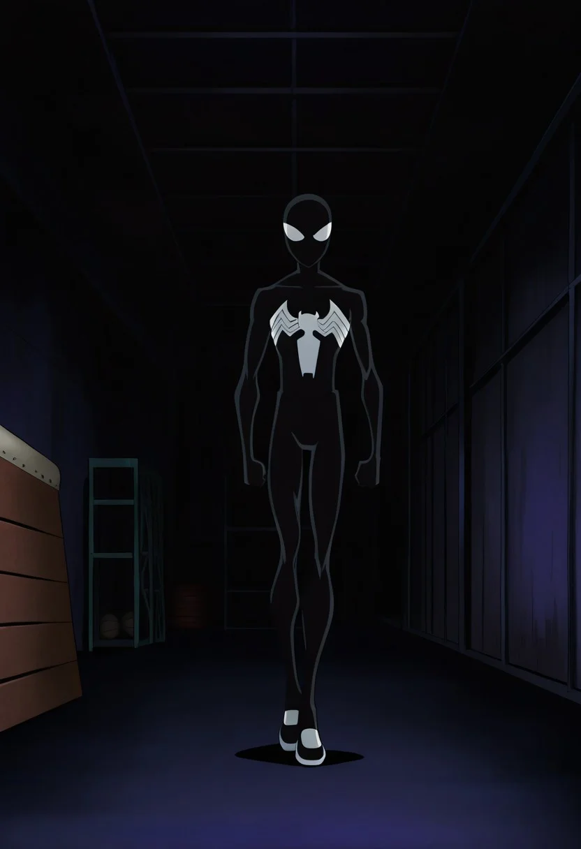 anime screencap, anime coloring, masterpiece, best quality, amazing quality, absurdres, wide shot, full body shot, male focus, 1boy, solo, black bodysuit, mask, superhero, skinny, white eyes,
indoors, industrial, gym_storeroom, dark_theme,fca style
