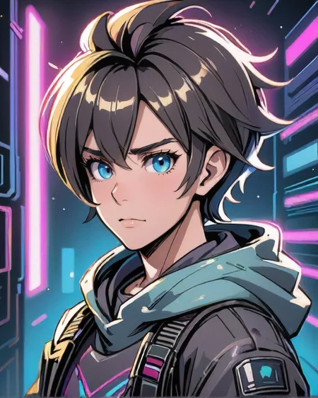 anime style, Thrilled 1boy, man, natural colored eyes, Short choppy layers with a tousled finish hairstyle, dynamic pose, <lora:EnvyCharacterPortraitHelperXL01:0.8>, BREAK portrait, looking at viewer, solo, from side, side view, upper body, detailed background, detailed face, (<lora:DonMCyb3rSp4c3XL:0.6>, scifi, synthwave, DonMCyb3rSp4c3XL theme:1.1), high-tech futuristic hacker, hoodie, techwear, fingerless gloves, cables, (holographic display:1.05), unauthorized, encrypted symbols, dark web, , encryption, glowing server racks in background, dark sinister atmosphere,
