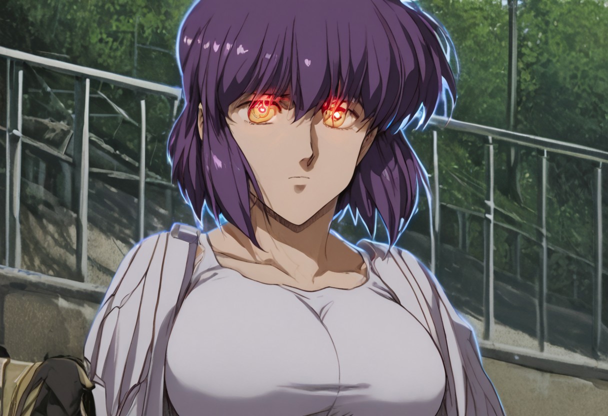 score_9, score_8_up, score_7_up, source_anime, expressive, anime, uru5h1h4r4, urushihara_satoshi, speedlines, dynamic, hearts, 1girl, Motoko Kusanagi\(Ghost in the Shell\), (purple Hair:1.3), in public, outdoors, selfie, seductive, red_pupils, glowing, glowing eyes, slender, short, large breasts