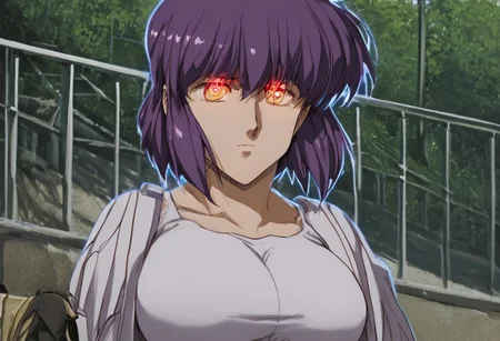 score_9, score_8_up, score_7_up, source_anime, expressive, anime, uru5h1h4r4, urushihara_satoshi, speedlines, dynamic, hearts, 1girl, Motoko Kusanagi\(Ghost in the Shell\), (purple Hair:1.3), in public, outdoors, selfie, seductive, red_pupils, glowing, glowing eyes, slender, short, large breasts