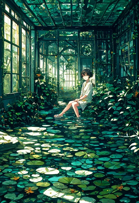 score_9, score_8_up, score_7_up, source_anime, 1girl, solo, floating, hugging own legs, bored, white eyes, tanlines, sandals, static hair, translucent, bags for blood transfusion, sticker, dappled sunlight, window, submerged room, extremely detailed, 8k, best quality, amazing quality, best aesthetic, absurdres, <lora:mjv3_pony-3:0.6>