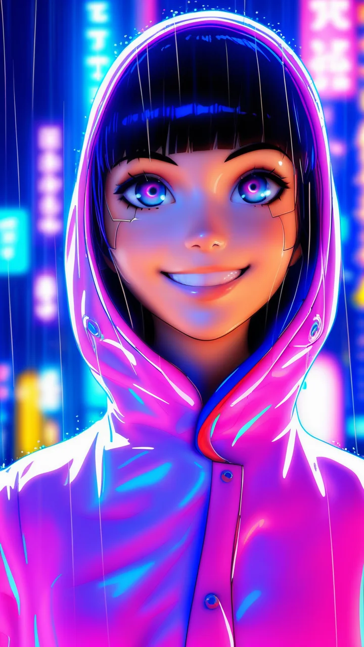 Kuvshinov_Ilya, niji3d, aromasensei, 748cm, beitemian, wlopwangling, ttguweiz, fugtrup, score_9, score_8_up, score_7_up, masterpiece, best quality, half body, portrait, night city, 1girl, anime, 3D, Japan, pixar, realistic, teen girl, smiling, cute face, harajuku fashion style, rain coat, beautiful, colourful, neon lights, cyberpunk, smooth skin, illustration, by stanley artgerm lau, sideways glance, foreshortening, extremely detailed 8K, smooth, high resolution, ultra quality, highly detail eyes, highly detail mouth, highly detailed face, perfect eyes, both eyes are the same, glare, Iridescent, Global illumination, hd, 8k realistic light and shadow, bright Eyes, fluorescent eyes