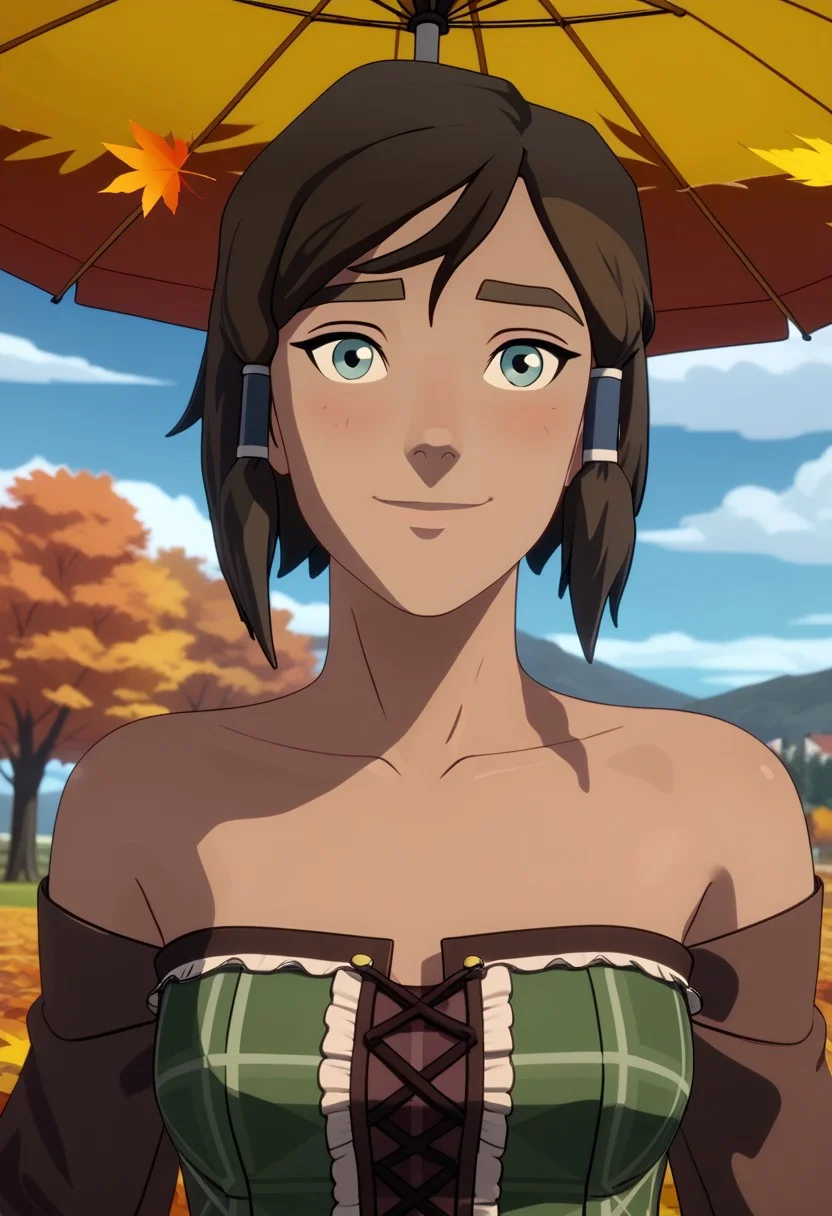 Score_9, Score_8, Score_7, TDPStyle, Korra, hair tubes, 1girl, perfect face, looking at viewer, adult, sexy,
bob cut, inverted bob, plaid clothes, plaid dress, brown dress, green dress, strapless dress, 
umbrella, brown frilled umbrella, 
autumn, autumn leaves, 
blush, shy smile, 
portrait, face focus, detailed face,