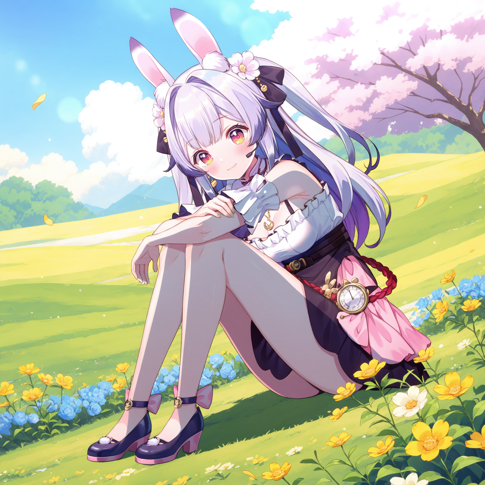 reine,(best quality),((masterpiece)),(highres),extremely detailed 8K wallpaper,(an extremely delicate and beautiful),a girl,(dslr),reine,a virtual youtuber,anime style,sakura trees,looking at viewer,full body,grass,sunshine,beautiful color,detailed,aesthetic,