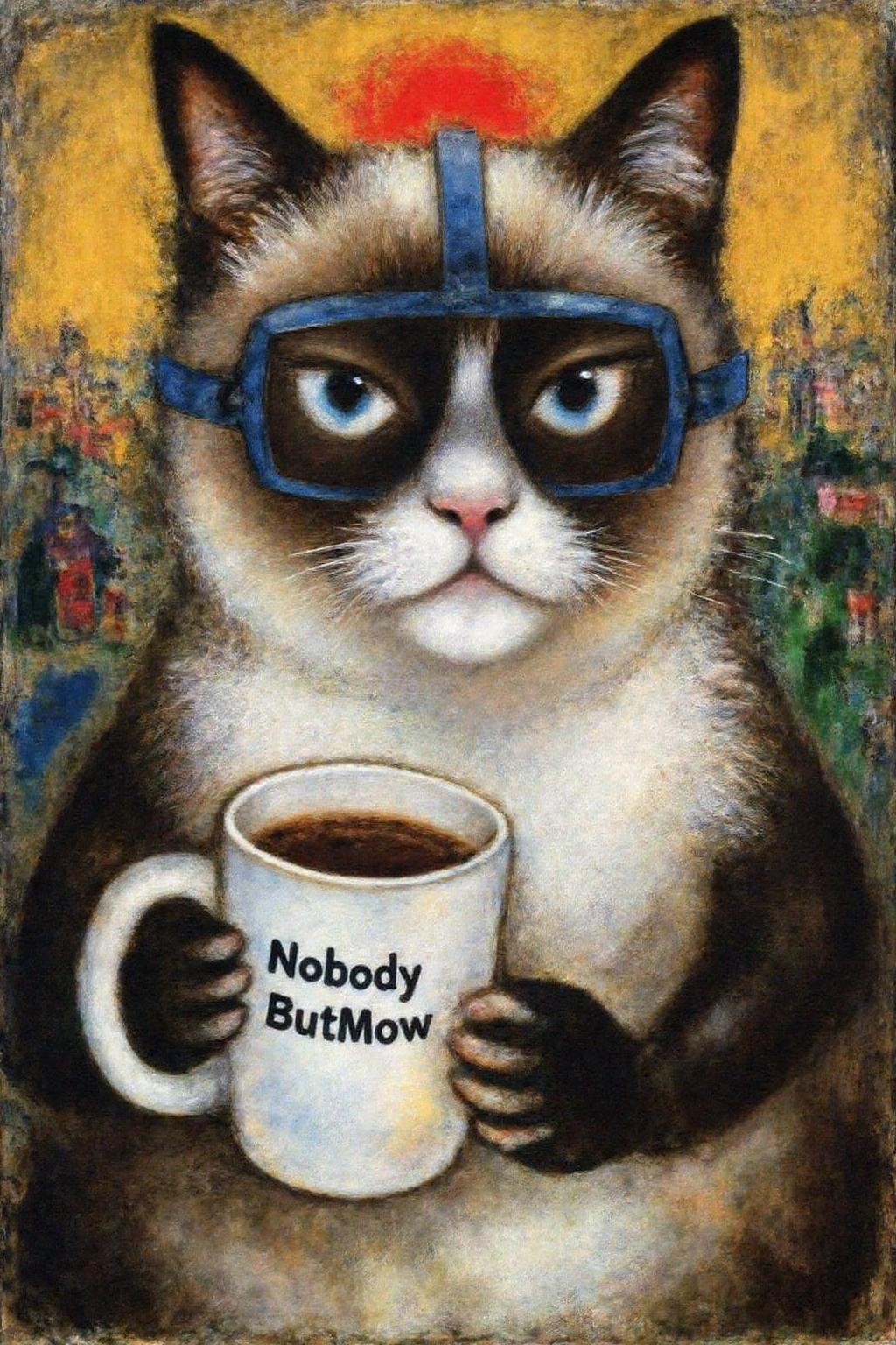 marcha9 painting. Grumpy Cat holding a coffee mug, wearing a VR Headset. The mug has the phrase "NobodyButMeow" printed <lora:marcha2_cap_d6a3e15:1.0><lora:814261224771469296:0>
