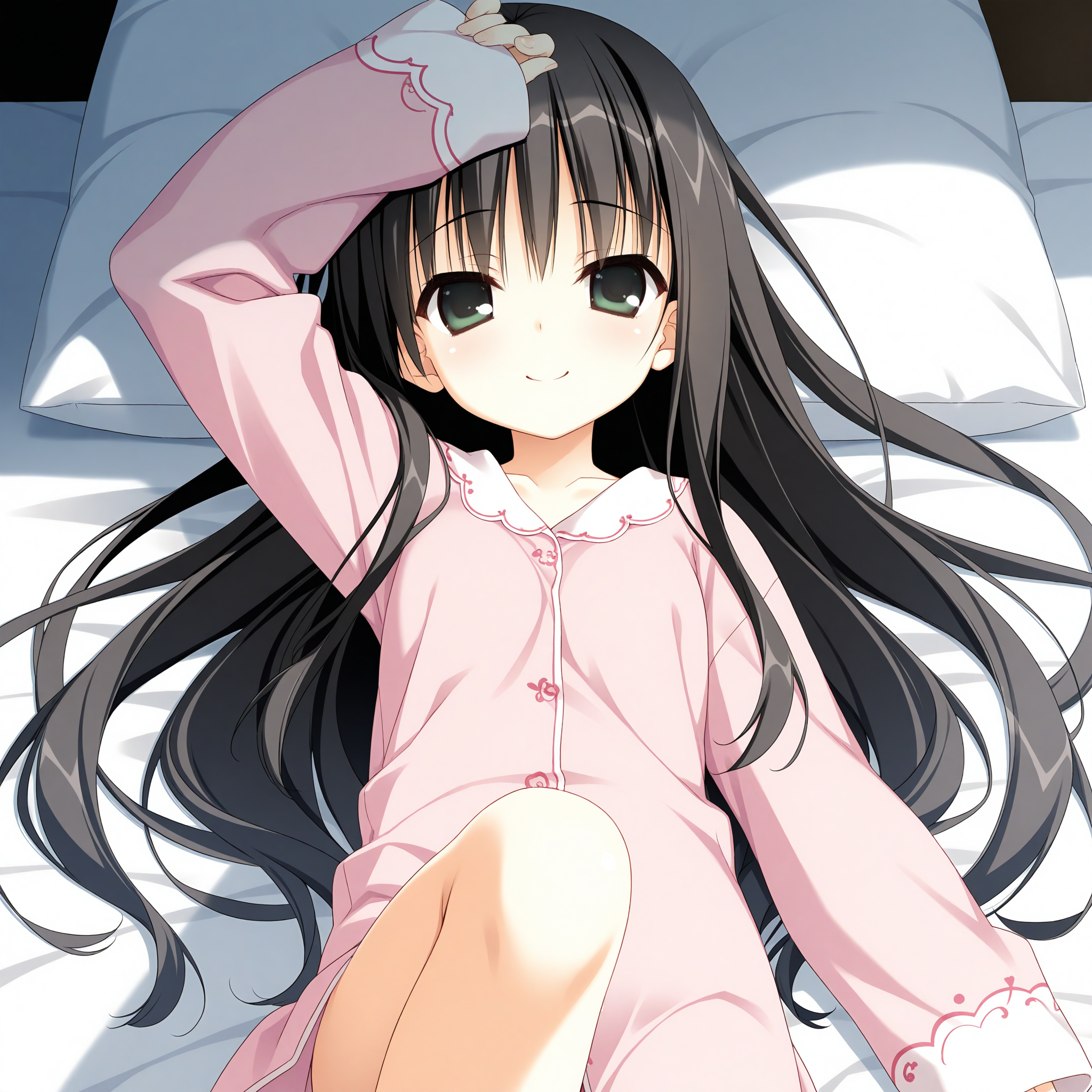 <lora:Natsume_Ai_Uta_1_nai-000046:1>,Natsume Ai,
pink pajamas,long sleeves,sleeves past wrists,
1girl,solo,smile,on bed,lying,on back,front view,looking at viewer,arm above head,straight-on,knee up,