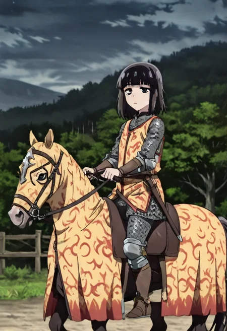 masterpiece, best quality, absurdres, detailed skin, detailed eyes, anime colored, anime screencap,
<lora:Suzushiro_Hatsuka_IL-000008:0.8>, 1 boy, femboy, Suzushiro Hatsuka, black hair, black eyes, looking at viewer, expressionless, chainmail,
<lora:Riding_horse_with_Caparison:0.9>, ((colorful horsewithcaparison)), riding, horseback riding,
from side, outdoors,