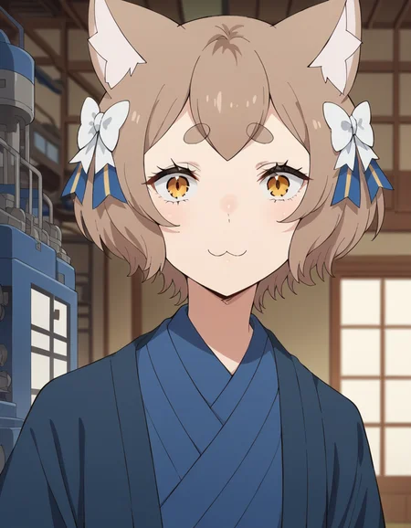 score_9, score_8_up, score_7_up, source_anime, <lora:felix-argyle-s3-p1-ponyxl-lora-nochekaiser:1>, felix argyle, short hair, bangs, brown hair, bow, animal ears, hair bow, male focus, cat ears, eyelashes, bob cut, thick eyebrows, white bow, otoko no ko,, japanese clothes, kimono, blue kimono, factory, machines, workers, assembly, production, smile, hands behind back, bent over,, looking at viewer, solo,, dutch angle, cowboy shot