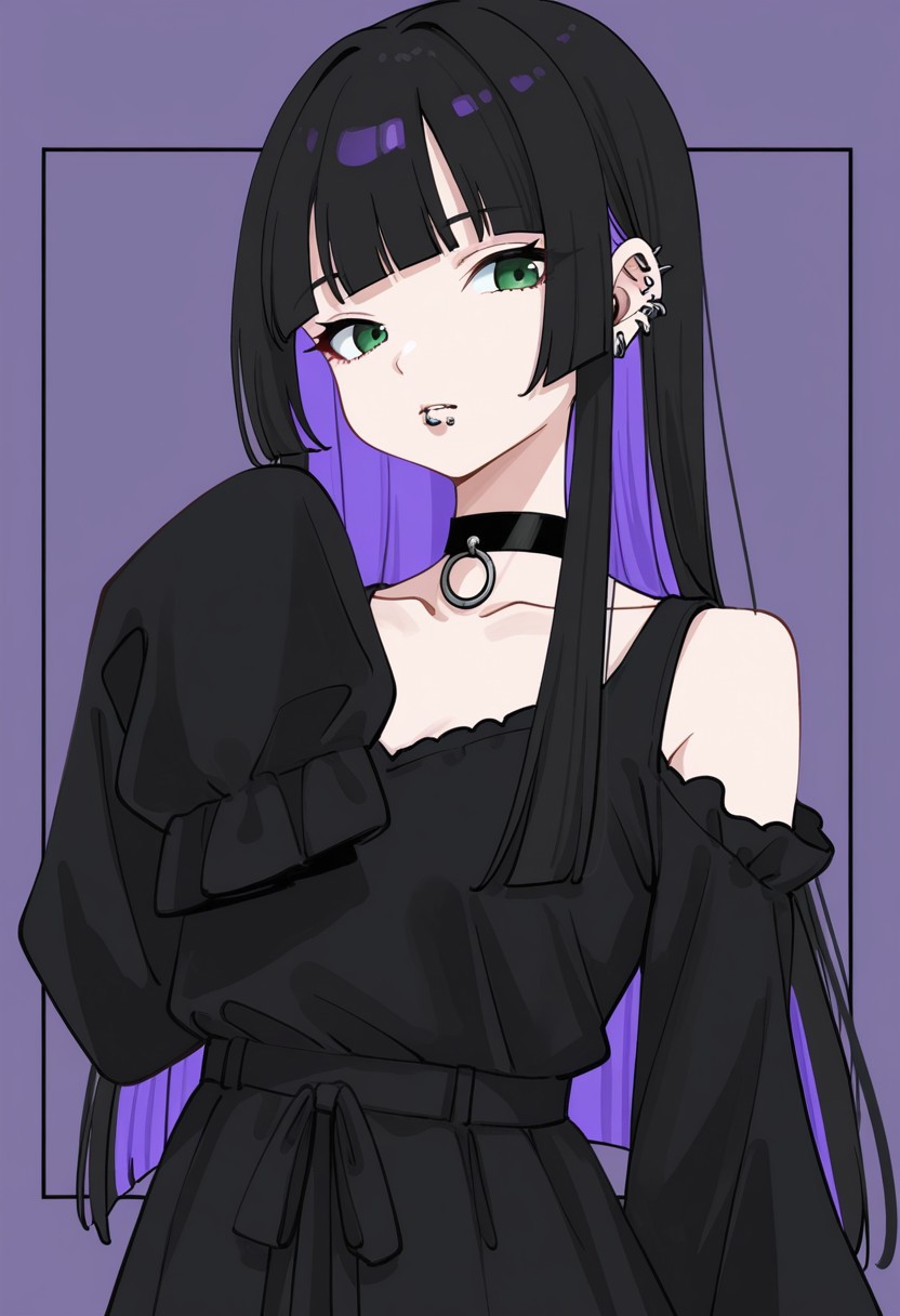 by nu—, character portrait, 1girl, ear piercing, lip piercing, chin piercing, colored inner hair, black hair, purple hair, hime cut, blunt ends, medium bangs, green eyes, long dress, black dress, shoulder cutout, sleeves past fingers, black choker, bare shoulders, black sleeves, choker, clothing cutout, detached sleeves, dress, gothic, shoulder cutout, sleeves past wrists, very long sleeves