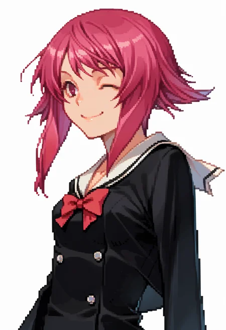 score_9, score_8_up, score_7_up, source_anime, 1girl, solo, smile, wink
<lora:zs_DevilSurvivorPortraitsXL:1> devilsurvivorportraits, portraits, white background
<lora:OnoeSerika_XLPD:1> OnoeSerDef, short hair, pink hair, short hair with long locks, pink eyes, school uniform, black dress, white sailor collar, long sleeves, red bow