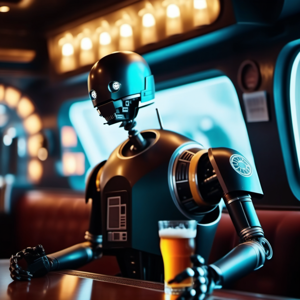 cinematic photo robot, solo, no humans, having a beer in a spaceship pub  <lora:K2SO:0.8> . 35mm photograph, film, bokeh, professional, 4k, highly detailed