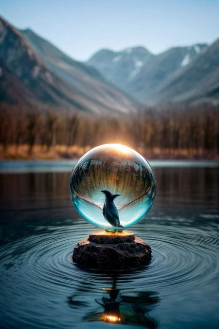 masterpiece, best quality, ultra-detailed, realistic, 8k, pine tree, flowers fields, many kinds of flowers, a couple of rabbits on very distant, lakes, meadows, glitter, moonlight, out-of-this-world scenery, lifelike, naturalism, greatest naturalism photo, immaculate detailed realism photography, rich colors, best colors perfect composition, perfect colors, colorful, clear photo, intrigue nature panorama, delicate nature photo, immaculate micro-details nature elements, (out-of-this-world scenery:1.23), beautiful landscape, beautiful flowers, crystal fantastic, breathtaking beautiful nature, unmatched beauty nature, more nature elements, rich nature elements, close up (emphasize dolphin jumping above water crystal sphere:1.37), (close up crystal sphere, close view crystal sphere, view from close, view from near:1.37), (intricate detailed dolphin inside the crystal sphere:1.37), (ultra detailed crystal sphere:1.2), (super quality dolphin inside the crystal sphere:1.37), (highest quality crystal sphere:1.2), (super adorable and cute overloads of doplhin:1.37), (awards winning pohotography:1.2), real life photo realistic, perfect proportion, aesthetic, artistic style, surreal, insanely lifelike, top best naturalism photography, greatest detailed, intricate nature details background, depth of field, no human, detailerlora,