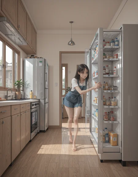 1girl, transparent body, kitchen, sneaking, opening fridge, masterpiece, best quality, amazing detail, high definition