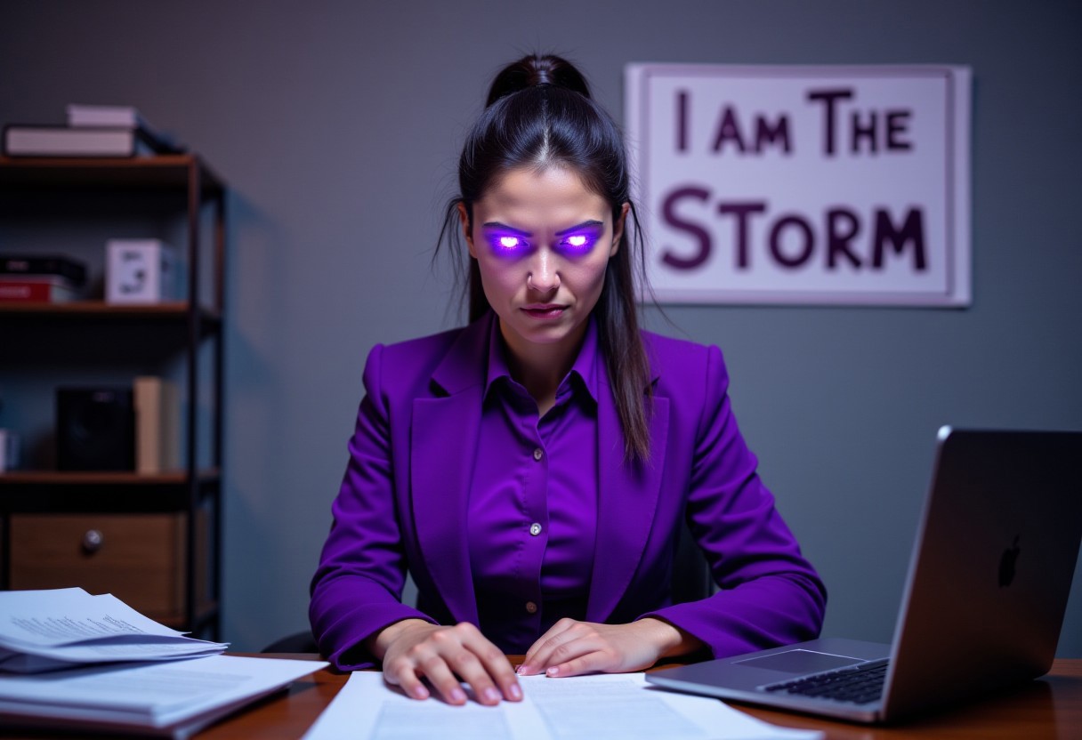 aidmaTextImprover, Attention To Details, (((sign on wall clearly reads: I AM THE STORM))), full body photo, focus on slender overworked professional Greek Woman, ((purple blazer and blouse)), crackling with electricity, ((eyes blazing purple white)), in office at laptop, staring angrily at camera, ponytail, big breasts, papers scattered on cluttered desks, quixel megascans, 8k uhd, ultra realistic, 100mm, film photography, dslr,, studio quality, film grain, tiny diamond stud piercing in nostril
