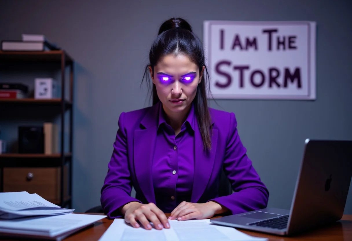 aidmaTextImprover, Attention To Details, (((sign on wall clearly reads: I AM THE STORM))), full body photo, focus on slender overworked professional Greek Woman, ((purple blazer and blouse)), crackling with electricity, ((eyes blazing purple white)), in office at laptop, staring angrily at camera, ponytail, big breasts, papers scattered on cluttered desks, quixel megascans, 8k uhd, ultra realistic, 100mm, film photography, dslr,, studio quality, film grain, tiny diamond stud piercing in nostril