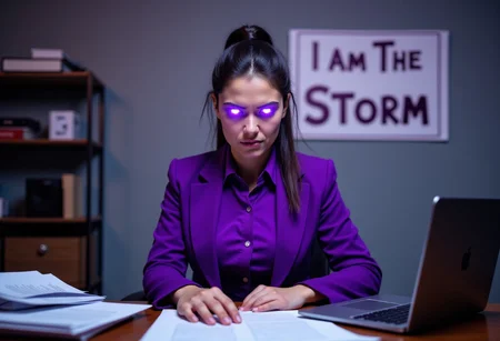 aidmaTextImprover, Attention To Details, (((sign on wall clearly reads: I AM THE STORM))), full body photo, focus on slender overworked professional Greek Woman, ((purple blazer and blouse)), crackling with electricity, ((eyes blazing purple white)), in office at laptop, staring angrily at camera, ponytail, big breasts, papers scattered on cluttered desks, quixel megascans, 8k uhd, ultra realistic, 100mm, film photography, dslr,, studio quality, film grain, tiny diamond stud piercing in nostril