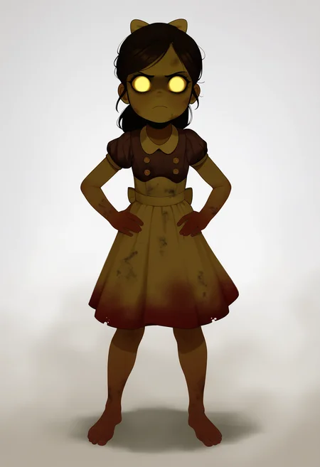 best quality, amazing quality, very aesthetic, absurdres,
1girl, lilsis, black hair, yellow eyes, yellow sclera, glowing eyes,
bow,
dirty, blood, muddy dress, dress, barefoot,
hands on hips, full body, looking at viewer, solo, simple background, white background <lora:LittleSisterNoobXL_byKonan:1>