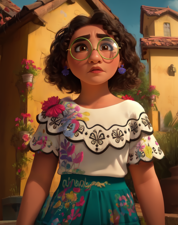 Mirabel,brown eyes,brown hair,
earrings,green round glasses,white shirt,floral print,skirt,
standing,upper body,
outdoors,small houses,
(insanely detailed, beautiful detailed face, masterpiece, best quality) cinematic lighting,<lora:Mirabel:0.8>,