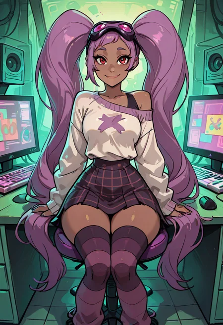 masterpiece, best quality, 1girl, solo, eyelashes, (beautiful eyes), looking at viewer, smile,  wide hips, narrow waist,   [Pastel Hacker Hideout] zzEntrapta, 1girl, solo, red eyes, purple hair, very long twintails, goggles on head, oversized sweater, plaid skirt, striped thigh-high socks, messy hacker room, colorful monitors, cluttered desk â zzEntrapta lounges in a beanbag chair amid a tangle of wires and pastel-colored monitors, oversized sweater slipping off one shoulder. Her long twintails pool around her, and her red eyes gleam mischievously behind her tilted-down goggles as she taps rapidly on a glowing keyboard.  dark skin,   <lora:EntraptaShera_IXL:1.0>,
