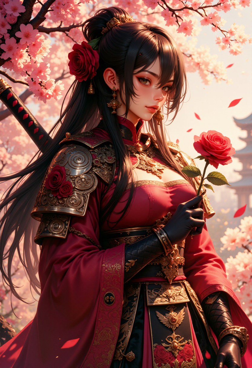G0thicL1nes, A female ronin in ornate samurai armor stands amidst a field of blooming cherry blossoms. The ronin holds a single rose delicately in her gauntleted hand, gazing down at it with a soft expression. Her long, flowing hair is adorned with small rose petals, carried by a gentle breeze. At her side, a large katana decorated with intricate engravings of roses rests against her leg. The sunlight filters through the petals, casting a warm, golden glow over the scene, enhancing the romantic yet powerful atmosphere.
<lora:FluxMythG0thicL1nes:1>