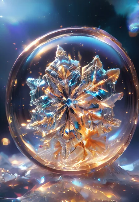 (high quality), (masterpiece), (detailed), 8K, An award-winning glowing snowflake, encased in a perfectly transparent glass bubble, floats delicately within a surreal winter setting. Its intricate, symmetrical crystalline patterns radiate a mesmerizing, golden luminosity, blending warm hues of amber, peach, and soft rose that glow softly through the glass. The bubble is adorned with delicate frost patterns along its edges, reflecting and refracting the snowflake’s warm light, casting a magical aura on its surroundings. Encased within, the snowflake sparkles with fine detail, as if suspended in time, evoking feelings of joy, serenity, and wonder, captivating all who witness this breathtaking masterpiece, glowneon, geometric, sparks, GlowingInk
