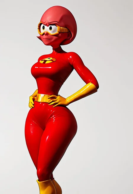 score_9, score_8_up, score_7_up, score_6_up, score_5_up, score_4_up, pooka, pooka, red body suit, yellow ski googles, yellow elbow gloves, yellow kneehigh boots 1girl, woman, female, solo, breasts, latex, skin tight, wide hips, from front, white visor, cartoon eyes, pooka, slim, hands on hips, round head, bald, blank background, helen