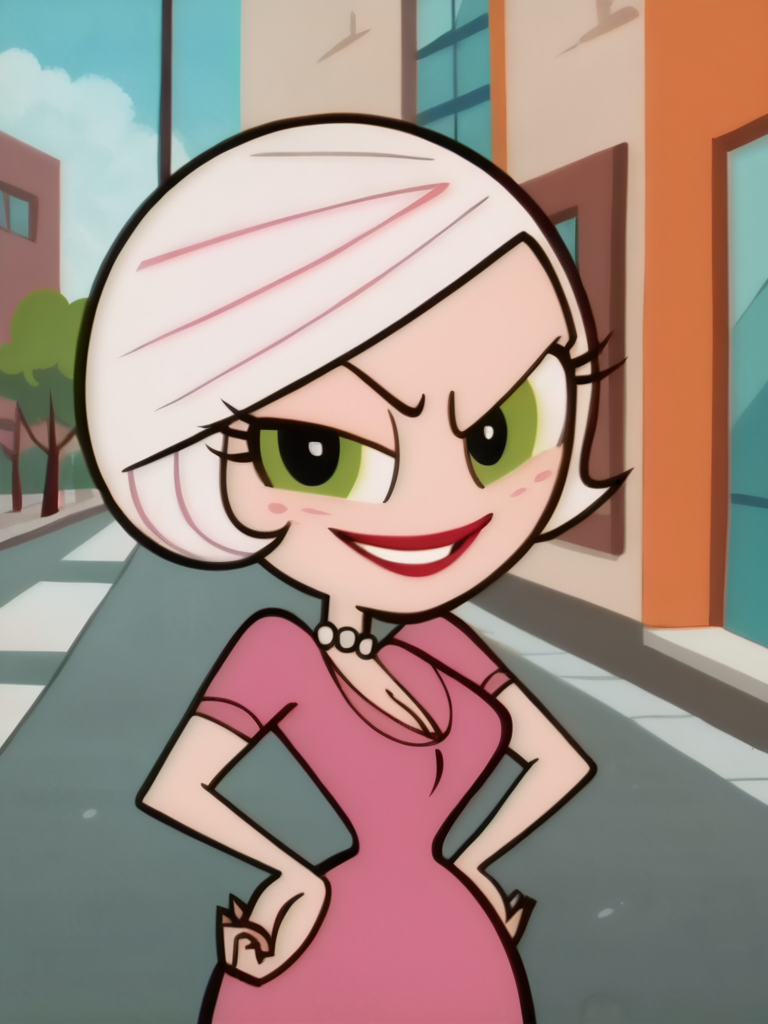 score_9, score_8_up, score_7_up, 1girl, hands on hips, city, smile, looking at viewer, smile, cowboy shot, (dynamic pose:1.1), dynamic angle, sexually suggestive, from side, 
 <lora:ASedusa_character:1>, SedusaXLP, short hair, white hair, green eyes, makeup, pink dress, cleavage, jewelry, flat color, cartoon, anime screencap,
