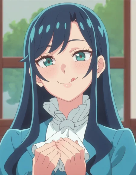 score_9, score_8_up, score_7_up, 1girl, solo, anime screencap, long hair, blue hair,aqua eyes, blue jacket, looking at viewer, ascot,  bangs, smile,large breasts,licking,tongue,blush,<lora:Fuwahatsuko:0.8>