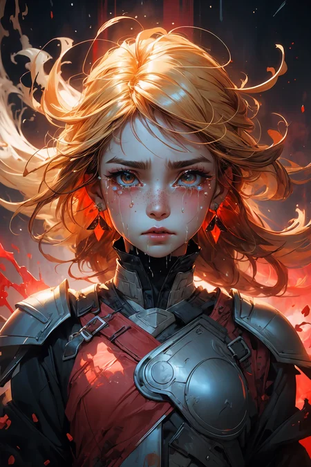 blond hair, long hair, freckles, earrings, 
(upper body:1.1), (particles:1.2), (sparkles:1.1), flames, (tears:1.3), (crying:1.2), (wet face:1.1), 
(torn clothes:1.2), abstract, (red lighting:1.2), knight armor, armor, 
<lora:more_details:0.3>
 <lora:Cosmic anime-oil fusion v2:0.3> 
<lora:AnimeVibesV3:0.25> animevibes, 
<lora:3DMM_V11:0.35> 3DMM 
<lora:midjourney_20230624181825:0.35> midjourney ,
 <lora:LAS:0.4> (colorful:1.1), 
<lora:msw_locon-t2:0.3>
 <lora:wuxia2:0.4> gu, shiny, shiny hair, shiny skin, shiny clothes