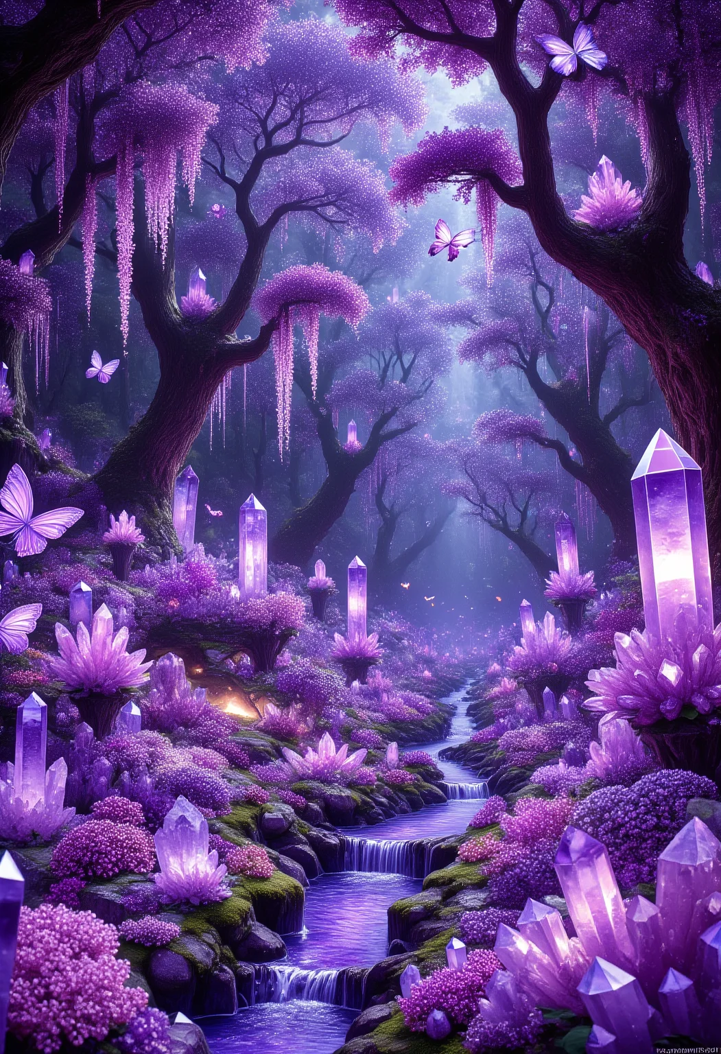 The Amethyst Garden of Forgotten Dreams
A hidden garden made of sparkling amethyst crystals blooms in the heart of a dense, mystical forest. Crystalline flowers of every shape and size radiate a soft purple glow, their faceted petals catching the dim light filtering through the dense canopy. A small stream of liquid amethyst winds through the garden, its surface reflecting the surreal beauty of the surroundings. Crystalline butterflies, their wings glowing faintly, flit from flower to flower, while the air is filled with the gentle hum of resonating crystals.